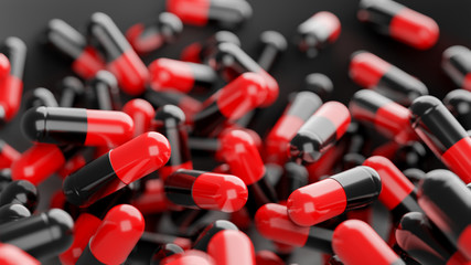 Many capsules designed for sanitation, nursing work, virus protection, virus treatment for corona virus protect Depth of field blur object , 3D Rendering