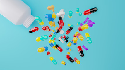 Many capsules designed for sanitation, nursing work, virus protection, virus treatment for corona virus protect Depth of field blur object , 3D Rendering