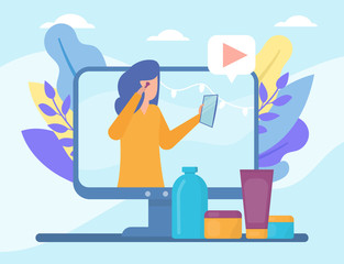 Video beauty blog in internet online vector illustration live video streaming, social media technologies. Girl training course in beauty and cosmetics, blogging people and multimedia, televison.