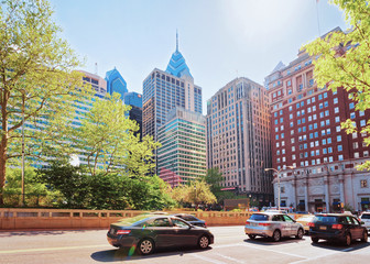 Road at Love Park and Penn Center with skyscrapers Philadelphia