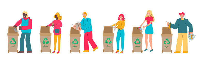 People characters sorting rubbish in trash bins vector illustration isolated.