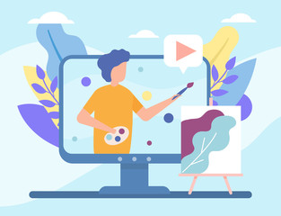 Video drawing vblog in internet online vector illustration live video streaming, social media technologies. Man teaches art and draw in blog, people and multimedia, televison.