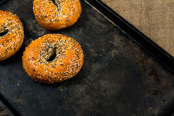 Freshly Baked Breakfast Bagels Topped with Sesame Seeds, Poppyseeds, Garlic and Onion on Old Dark Rusty Metal Background. Selective focus.