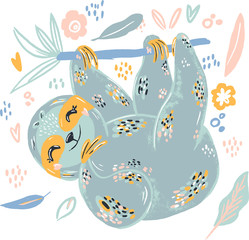 Sloth cute doodle hand drawn flat vector illustration. Wild rainforest animal vector poster floral background.Grass branches with leaves, flowers and spots design element. Tropical jungl.