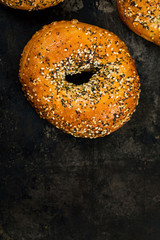 Freshly Baked Breakfast Bagels Topped with Sesame Seeds, Poppyseeds, Garlic and Onion on Old Dark Rusty Metal Background. Selective focus.
