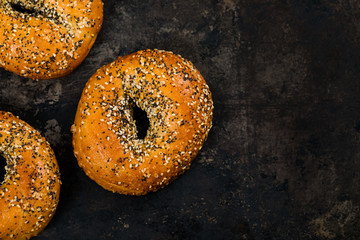 Freshly Baked Breakfast Bagels Topped with Sesame Seeds, Poppyseeds, Garlic and Onion on Old Dark Rusty Metal Background. Selective focus.
