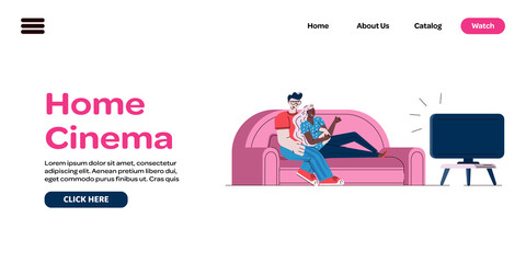 Home cinema banner template with cartoon couple watching TV