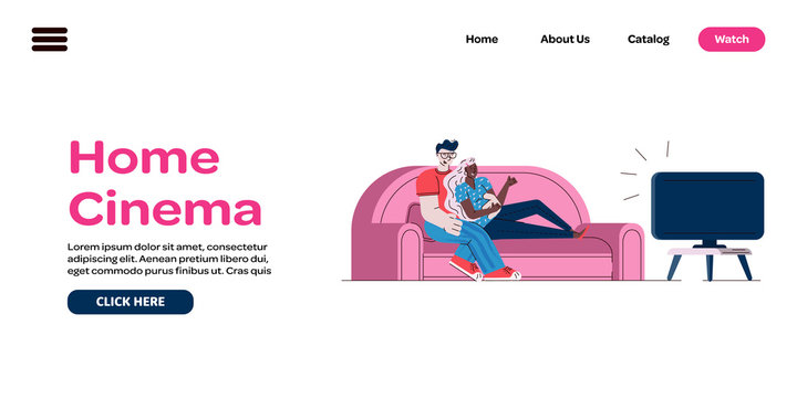 Home cinema banner template with cartoon couple watching TV
