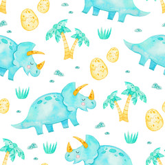 Obraz premium Watercolor painting seamless pattern with cute dinosaurs. Kids colorful background for nursery, paper and fabric. Watercolor hand drawn illustration