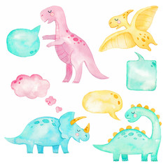 Watercolor set of cute dinosaurs and dialogue speech isolated on white background. Hand painted Little dinosaurs prehistoric period. Watercolor illustration