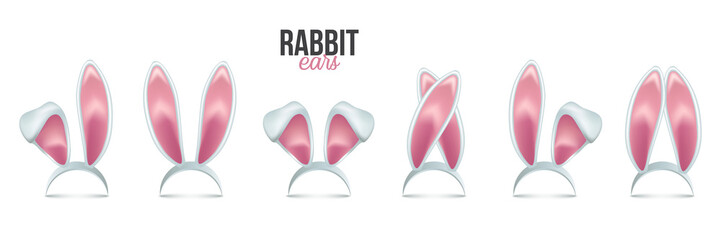 Rabbit ears realistic 3d vector illustrations set. Easter bunny ears kid headband, mask collection. Hare costume pink cartoon element. Photo editor, booth, video chat app color isolated cliparts.