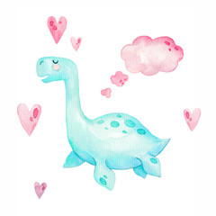 Watercolor cute dinosaurs Pliosauroidea with dialogue speech and heards. Little dino prehistoric period. Watercolor illustration