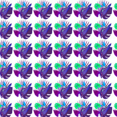 Seamless pattern of tropical leaves and flowers.  Isolated on white.