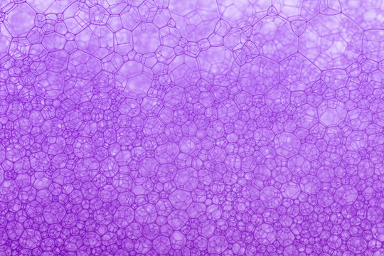 Bathtub foam. Detergent soap bubble and suds for bath. Shampoo. Vibrant fizz and splash. Realistic water frame and border. 3d vector illustration template. Purple colorful liquid bathtub foam 