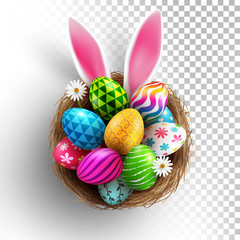 Easter eggs and Easter bunny ears in the nest on transparent background