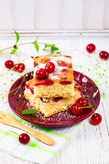 Tart Cherry Cake with Powdered Sugar. Selective focus.
