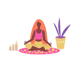 Woman sitting in meditation lotus pose sketch vector illustration isolated.