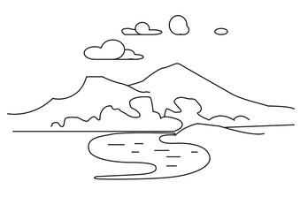 Vector linear landscape. Flat landscape of black lines of the river, forest and mountains. Beautiful nature with a cloudy sky.
