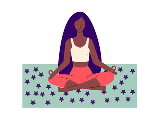 African american woman meditates in yoga pose flat vector illustration isolated.