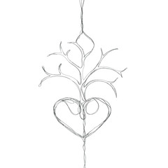 Vector illustration of a tree without leaves. Lonely tree stands on the heart. Vector character made of black lines.