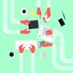 Vector character top view of creative business process. Flat illustration of workspace. Hands of businessmen are working on an idea.