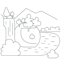 Vector linear landscape of a forest with a waterfall with mountains background