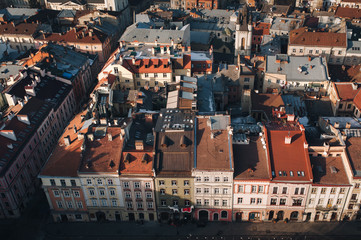 View of the old city from above, from the observation tower of the town hall. Lviv, Ukraine, winter panorama.