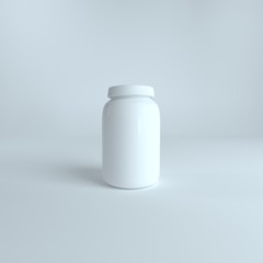 Drug 3D white plastic medical bottle. Mockup Template of medicine packaging for pills, capsule, drugs, vitamins. Sports and health life supplements. 3D rendering. 3D Mock up for your design.  