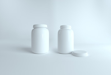 Drug 3D white plastic medical bottle. Mockup Template of medicine packaging for pills, capsule, drugs, vitamins. Sports and health life supplements. 3D rendering. 3D Mock up for your design.  