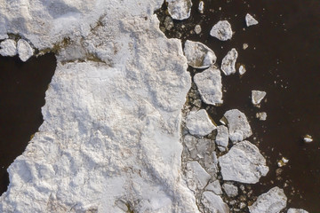 Aerial view of the ice texture broken into pieces of different shapes and sizes