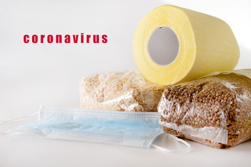 toilet paper, buckwheat, oat , cereals, medical mask on a white background, coronovirus