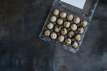 Lots of quail eggs against a dark background.