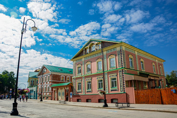 Sunny summer day in Kazan, Tatarstan. Modern architecture. Walking street. Torurism in Russia.