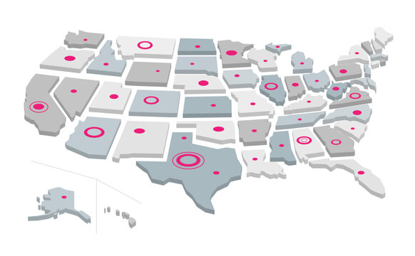 Mappa degli stati uniti con linee e cerchi rossi