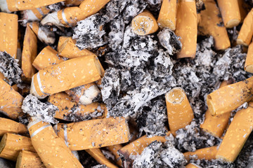 Many used cigarette butts and ashes. Background