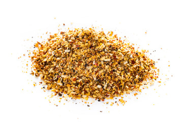 Lemon Pepper Seasoning Spice Isolated on White Background Macro with shallow dof. Selective focus.