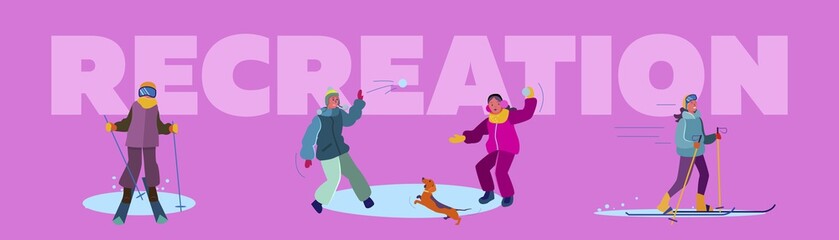 Winter family recreation set. Kids skiing, playing snowballs, country landscape with cottage. Flat vector illustrations. Vacation, activity concept for banner, website design or landing web page