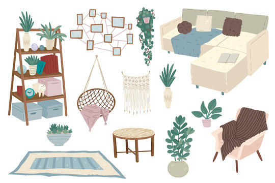 Collection of comfy furnutire in scandinavian style for living room. Vector illustration