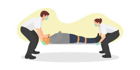 Medical team staff wearing surgical mask and gloves carrying a patient. Paramedics support. Coronavirus outbreak evacuation. Medics rescuing man. Heart attack concept - Flat vector illustration.