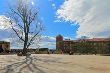 Spring sunny day in the courtyard of the old castle.