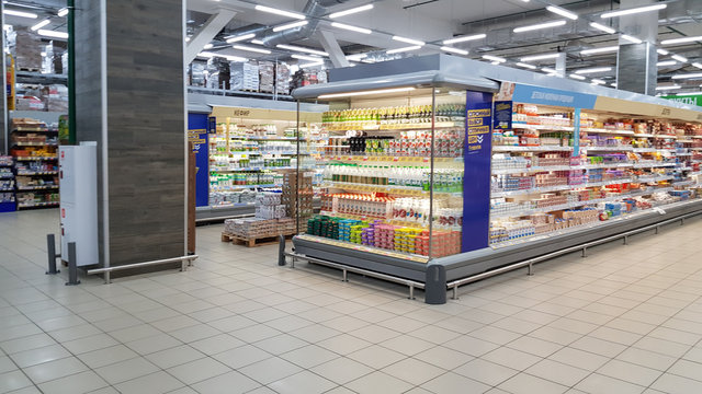 Yogurts on a shelf in a supermarket during the coronavirus epidemic