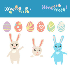 Set easter symbol in doodle stile. Bunny, floral brush, egg. Pastel colors