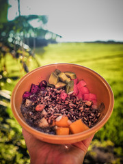 vegan fruit smoothie bowl with wooden spoon, granola, chia, seeds, mango, dragon fruit, watermelon, avocado in a hand holding it up with green grass in background