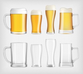 Four different lager beer glasses and mugs