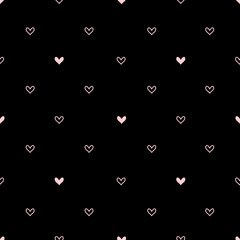 Hearts symmetric vector seamless pattern. Pink hearts on black background. Diagonal hearts. Repeating texture with hearts.