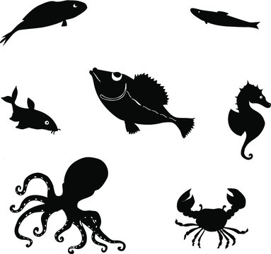 Sea set silhouettes of fish, crab and octopus