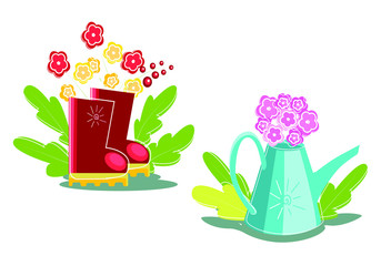 A set of icons for gardening, design elements. Garden tools,  flowers,  rubber boots. Isolated on a white background. Vector illustration of boots, watering can and flowers .