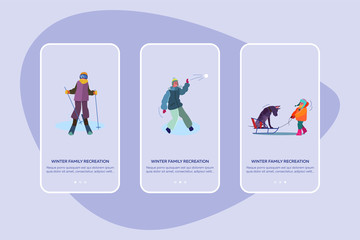 Winter family recreation set. Kids skiing, playing snowballs, country landscape with cottage. Flat vector illustrations. Vacation, activity concept for banner, website design or landing web page