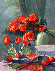 Rose Orange Meilove Bouquet Mandarin Fallen Jug of Juice Still life Watercolor Painting Hand Drawn