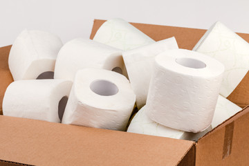 Toilet paper rolls in a cardboard box isolated on a white background